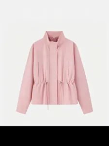 Veste femme rose col montant cordon taille, vêtement d'extérieur rétro et décontracté.