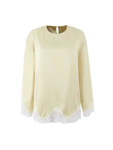 French style solid color round neck lace patch long sleeve silk blouse main view.