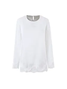 Elegant white long sleeve lace patchwork top with round neck for women fashion apparel.