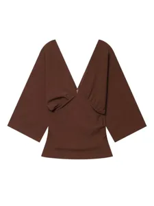 Dark brown womens deep V-neck short sleeve top with wide sleeves and gathered front view.