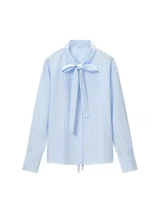 Moda Francese Elegante Rigato Fiocco Allacciatura Largo Manica Lunga Camicia Donna Casual Monopetto Blusa Top