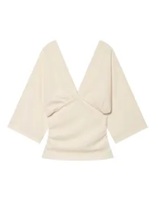 Beige deep V-neck short sleeve blouse with wide sleeves and ruched bust detail main view