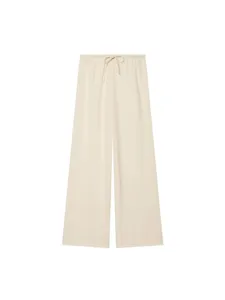 Stylish women's summer casual beige wide leg trousers with comfortable elastic drawstring waist.