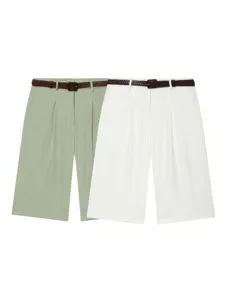Women's Casual High Waisted Pleated Shorts Summer Solid Color Fashion Bottoms With Elegant Belt Daily Wear