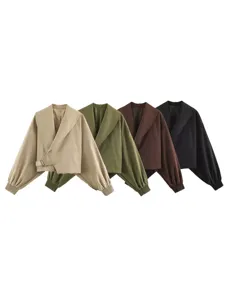 Women's Fall French Vintage Large Lapel High Waist Lantern Sleeve Tie Front Short Jacket Outerwear Polyester