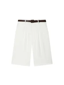 Summer white high-waisted pleated shorts for women, featuring a chic brown belt and zipper.