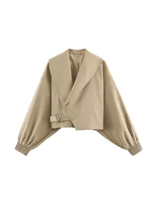 French vintage lapel crop jacket for women autumn fashion high waist lantern sleeve outerwear