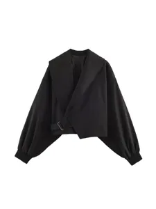 Black cropped jacket for women, French vintage lapel lantern sleeve wrap stylish short coat.