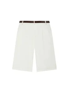 Women high waist pleated shorts with brown belt summer casual chic white bottoms main view