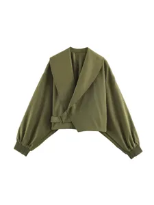 Women's French vintage lapel lantern sleeve cropped jacket stylish green outerwear