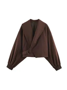Women brown short jacket French retro large lapel lantern sleeve asymmetrical wrap autumn outerwear