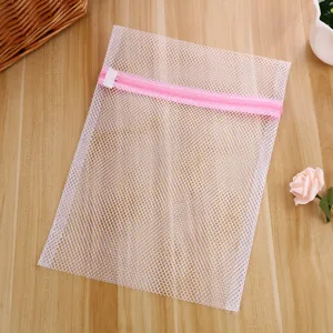 White mesh laundry bag with pink zipper for delicate bra underwear washing machine protection.