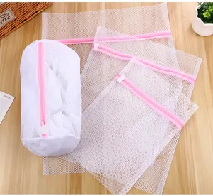 Pink coarse mesh laundry bag set, includes cylinder and rectangular bags for underwear care.