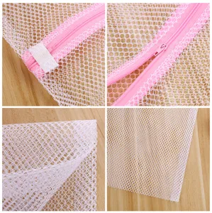 Polyester laundry mesh bag detail view, pink zipper design, perfect for washing underwear and bras.