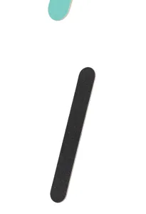Close-up detail of double-sided nail file showing black abrasive grit and teal edge finish.