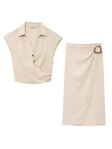 Women Summer Casual Linen Blend Crop Top And Midi Skirt Set V Neck Sleeveless Shirt And High Waist Skirt Elegant Outfits