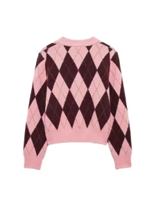 Roze bruine argyle patroon ronde hals gebreid vest truien voor dames lente mode.