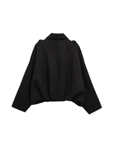 Black women suede short bomber jacket stylish casual minimalist outerwear early spring fashion.