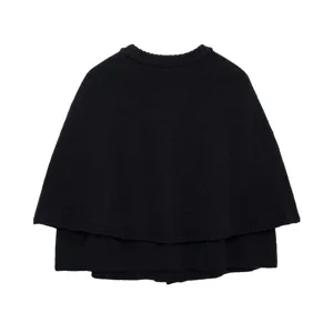 Black knitted cape for women, crewneck short shawl outer wear. Perfect for autumn fashion style.
