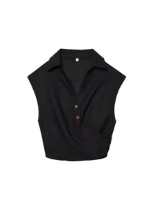 Black sleeveless linen crop top featuring a chic lapel collar and stylish wrap design.