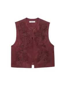 Women vintage wine red suede floral embroidered sleeveless vest waistcoat casual outerwear chic top