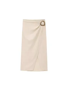 Elegant beige linen midi skirt for women with stylish side wooden buckle and wrap design.