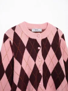 Roze bruine argyle gebreid vest voor dames casual trui met lange mouwen en knopen
