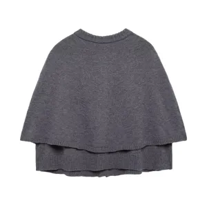 Women dark grey knit cape short coat stylish autumn round neck solid poncho outerwear