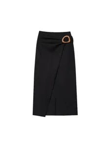 Stylish black midi skirt featuring a modern asymmetric design and chic wooden buckle.