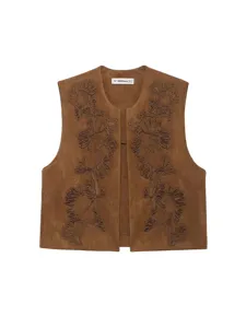 Brown suede texture embroidered vest waistcoat for women casual early spring layering apparel