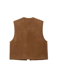 Casual brown suede vest waistcoat for women, trendy early spring outerwear layering piece.