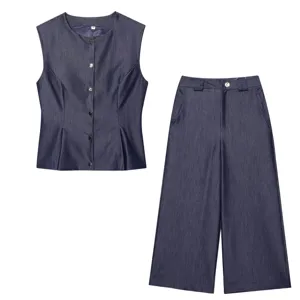 Summer women commuting sleeveless vest and wide leg pants set chic two piece suit outfit