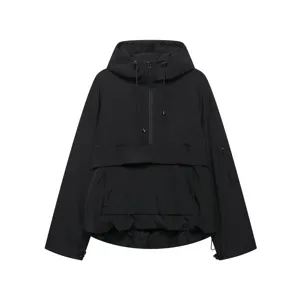 Black utility hooded windbreaker jacket detail showing adjustable drawstrings and pockets.