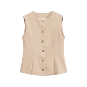 Detailed view of the elegant beige sleeveless vest with gold buttons, slim fit chic top.