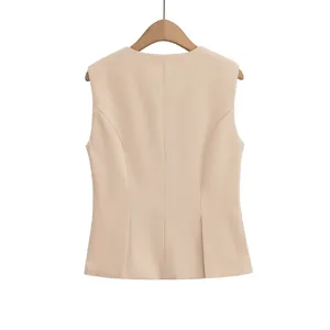 Beige sleeveless vest back view detail, elegant commuting slim-fit waistcoat for women.