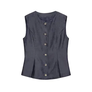 Sleeveless vest front detail showing sleek tailoring, round neckline and polished silver buttons.