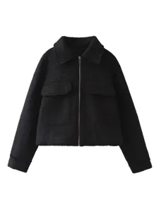 Women's black lapel wool blend zipper jacket coat street fashion autumn winter