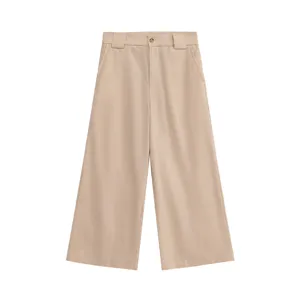Khaki wide leg pants detail, featuring belt loops and front button closure, premium fabric.