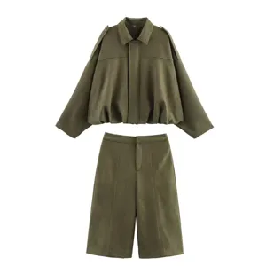 Olive green suede batwing jacket and shorts set, chic two piece outfit for women spring.