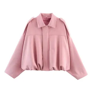 Women's pink suede jacket, trendy batwing sleeve design, chic short coat for spring outfit.