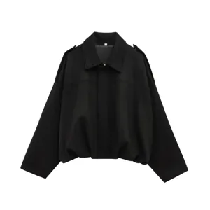 Black batwing sleeve jacket detail view, soft texture fabric, classic lapel collar design.