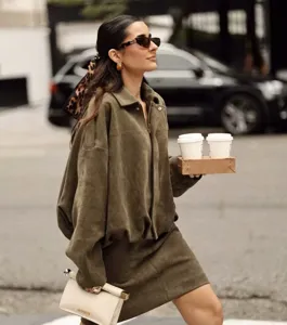 Women olive green suede zip jacket and skirt matching set batwing sleeve fashion outfit