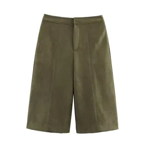 Olive green suede texture wide leg culottes detail view, premium high waist design.