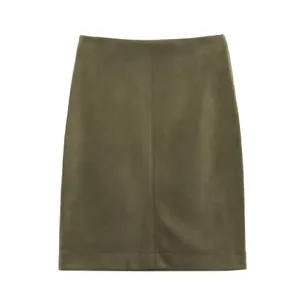 Olive green suede skirt for women, elegant straight midi skirt with front center seam design.