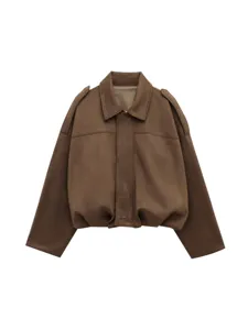 Women brown suede jacket, stylish batwing sleeve design with full zipper closure coat.