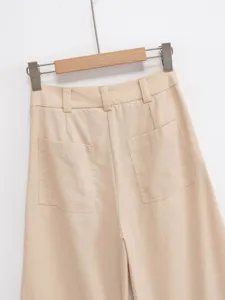 Casual solid color wide leg pants back detail view, elegant women summer fashion trousers.