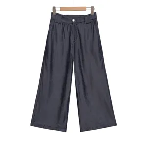 Dark blue high waist wide leg pants detail shot, elegant daily casual trousers style.