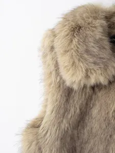 Close-up detail of soft faux fur vest in khaki, showing plush texture and collar design.