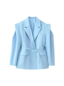 Women's Casual Long Sleeve Lapel Single-Breasted Blazer Jacket French Fashion Waist-Tied Padded Suit Outerwear