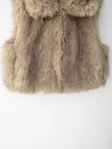 Women short faux fur vest detail, stylish autumn warm outerwear, casual sleeveless jacket.